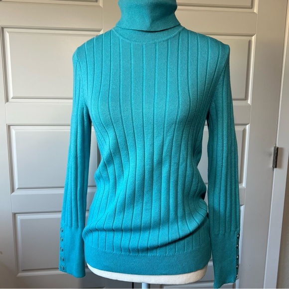 Talbots Ribbed Turtleneck Top Long Sleeve Button Cuff Knit Sweater Teal Small - Picture 2 of 7
